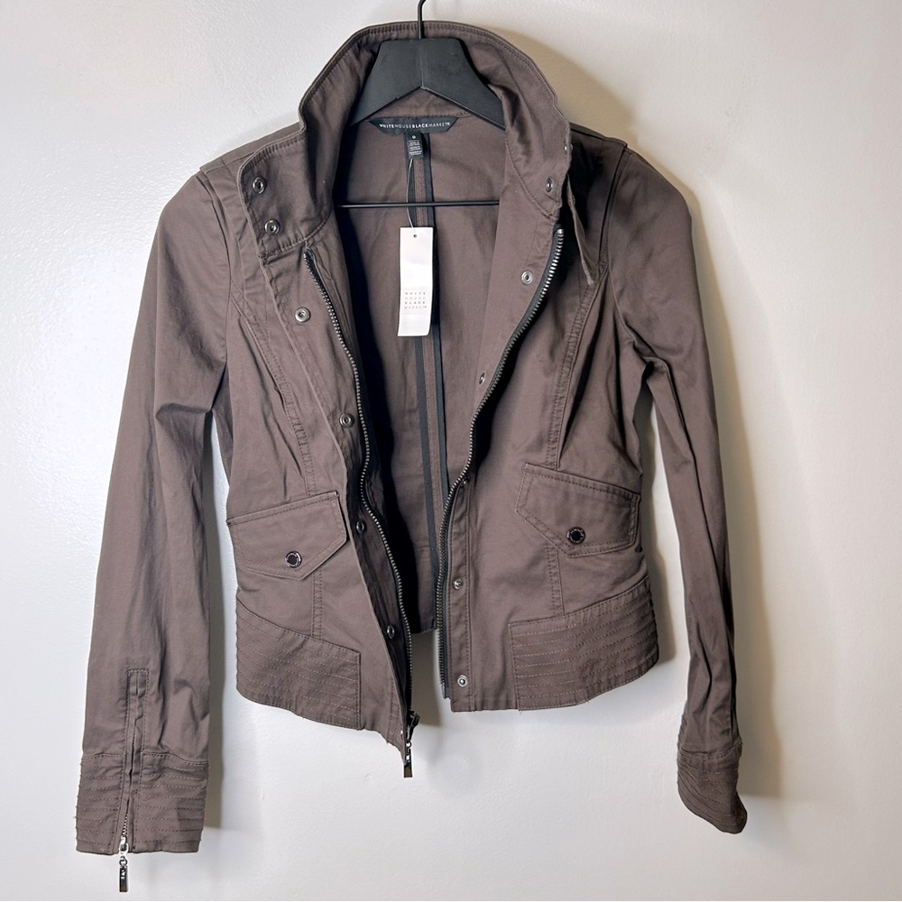 White House Black Market Brown Zip Front Military Jacket Size 0 NWT